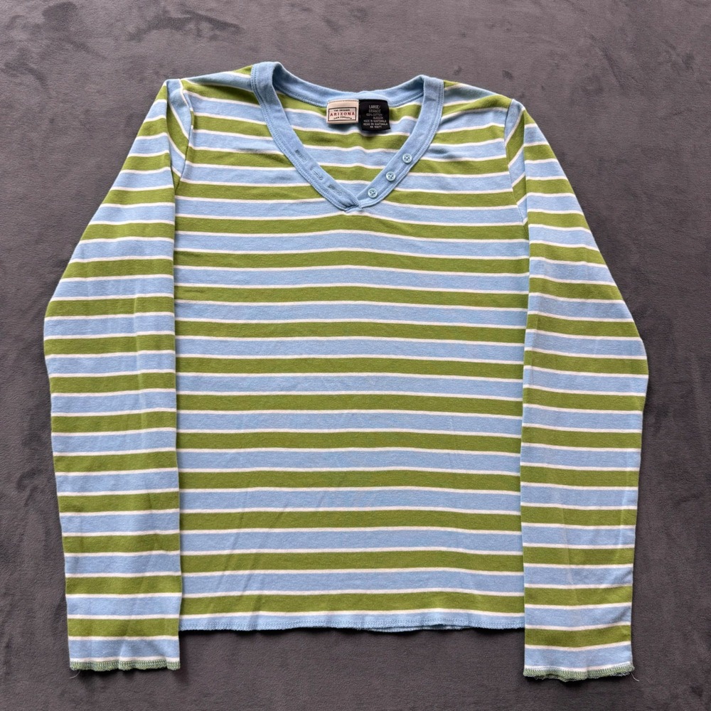 Arizona Jean Co Striped Henley Top Blue Green Long Sleeve Cotton Large